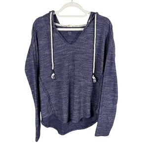Roxy V-Neck Navy Sweater with Hood Size M Boho Surfwear Coastal Lightweight